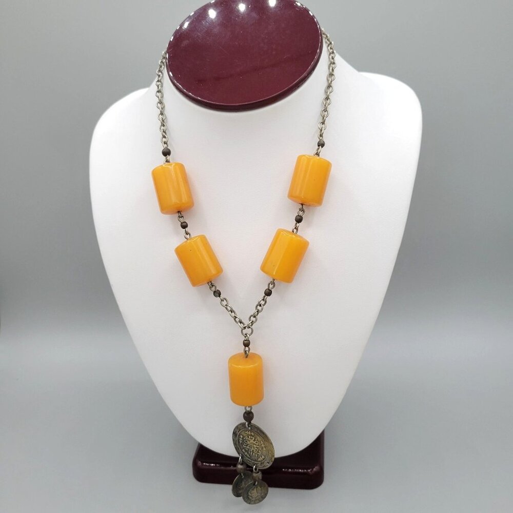 Ottoman Coin Replica Charms Pendant Necklace With Amber Colored Beads Vintage